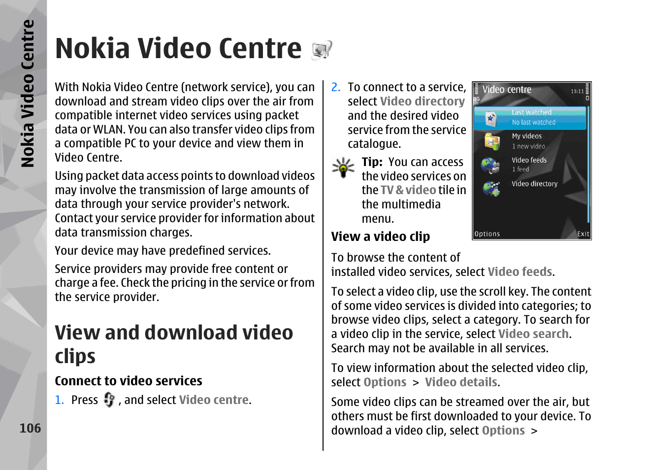 Nokia video centre, View and download video clips | Nokia 002F4W8 User Manual | Page 106 / 195