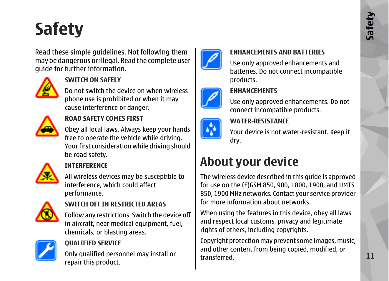 Safety, About your device, Safet y | Nokia 002F4W8 User Manual | Page 11 / 195