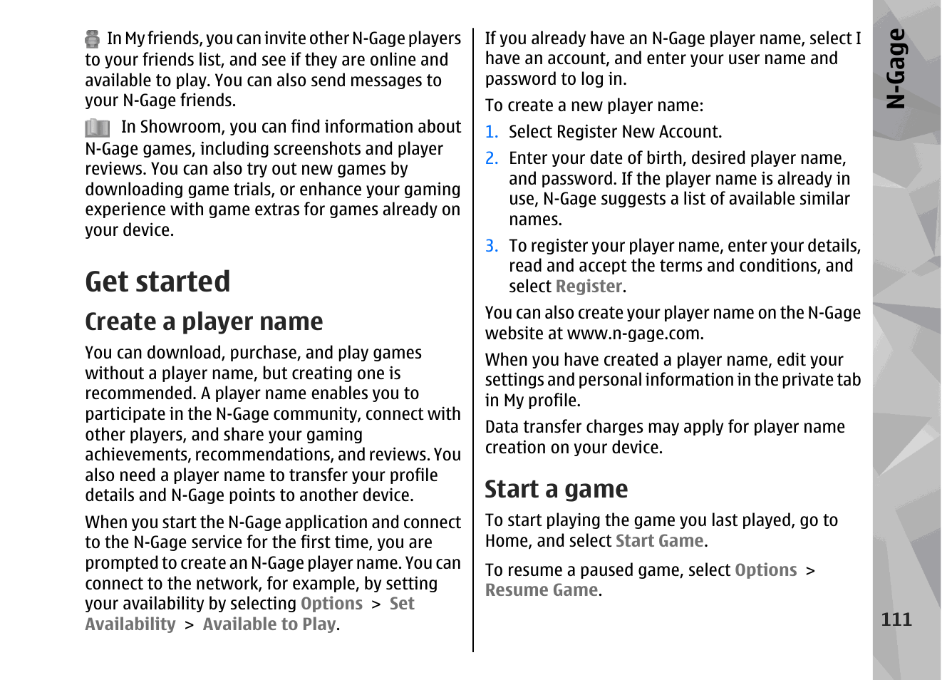 Get started, Create a player name, Start a game | N-gage | Nokia 002F4W8 User Manual | Page 111 / 195