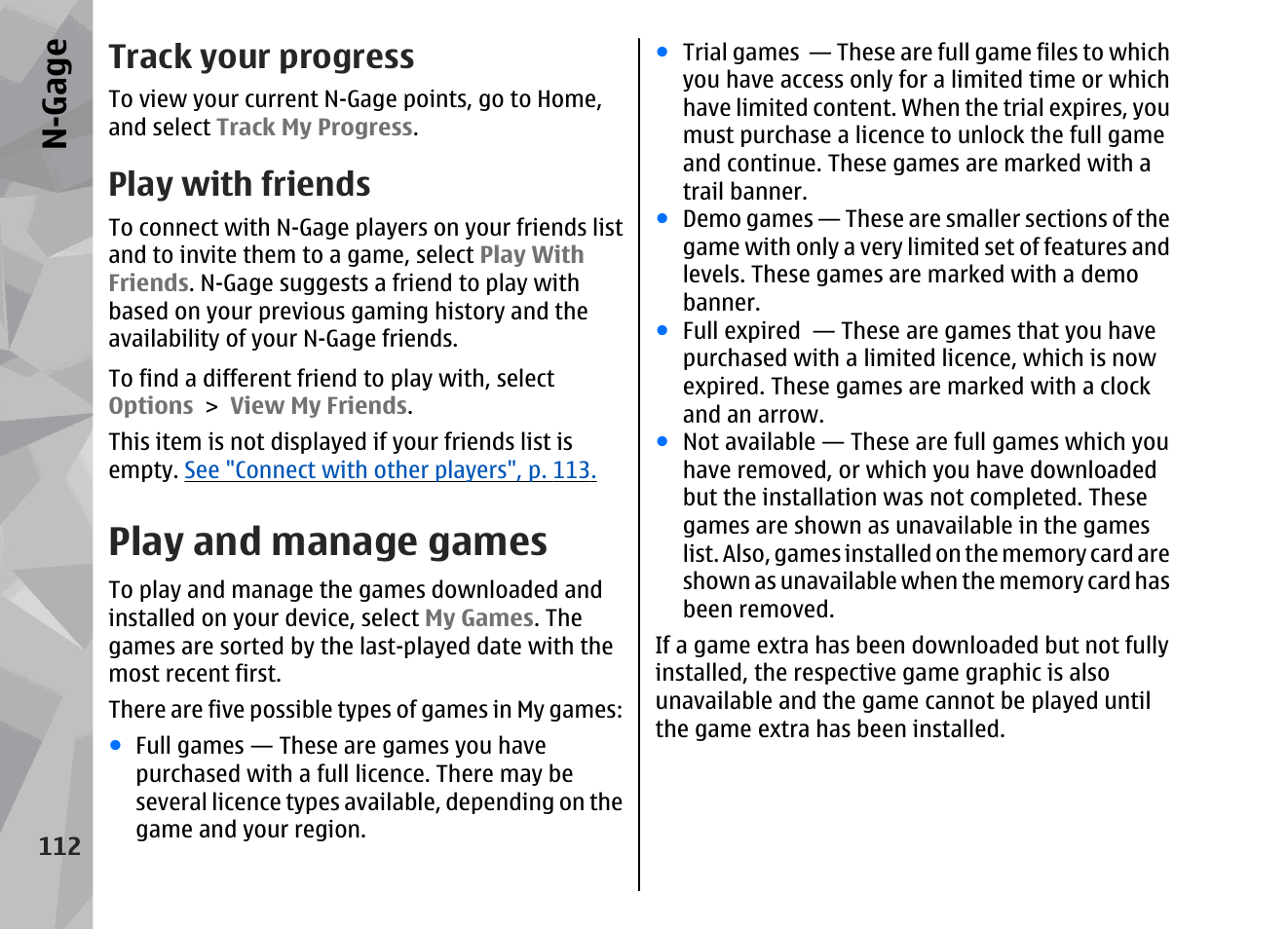 Track your progress, Play with friends, Play and manage games | N-gage | Nokia 002F4W8 User Manual | Page 112 / 195