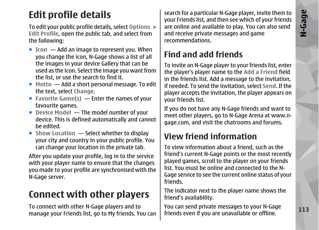 Edit profile details, Connect with other players, Find and add friends | View friend information, N-gage | Nokia 002F4W8 User Manual | Page 113 / 195