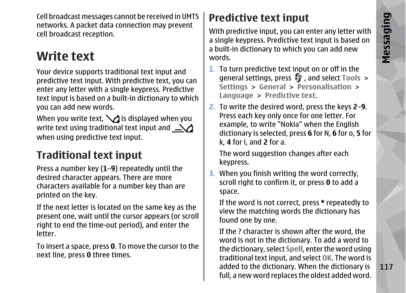 Write text, Traditional text input, Predictive text input | Messaging | Nokia 002F4W8 User Manual | Page 117 / 195