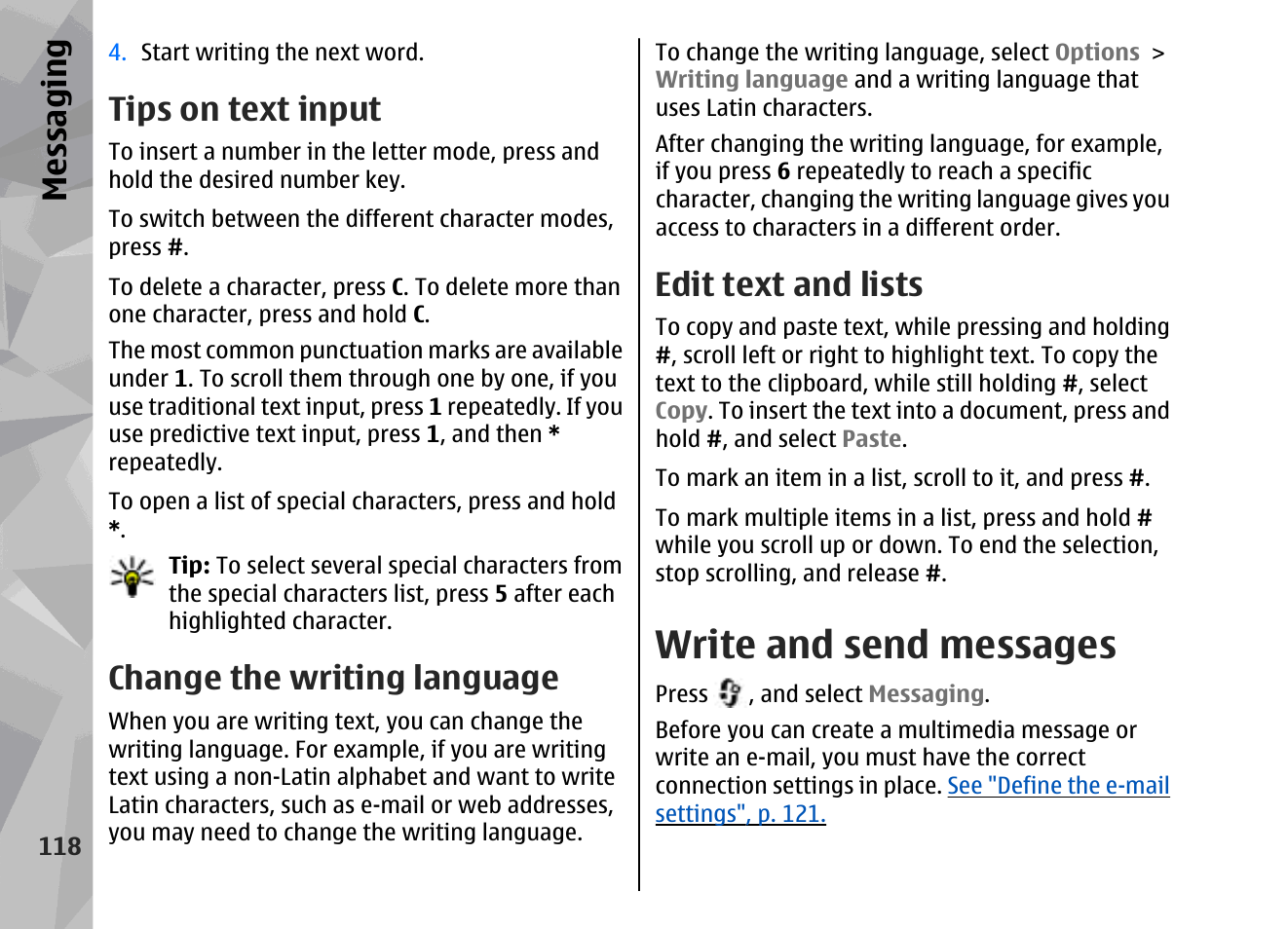 Tips on text input, Change the writing language, Edit text and lists | Write and send messages, See "write and send, Messages", p. 118, Messaging | Nokia 002F4W8 User Manual | Page 118 / 195