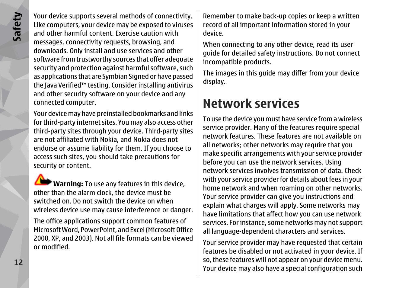 Network services, Safet y | Nokia 002F4W8 User Manual | Page 12 / 195