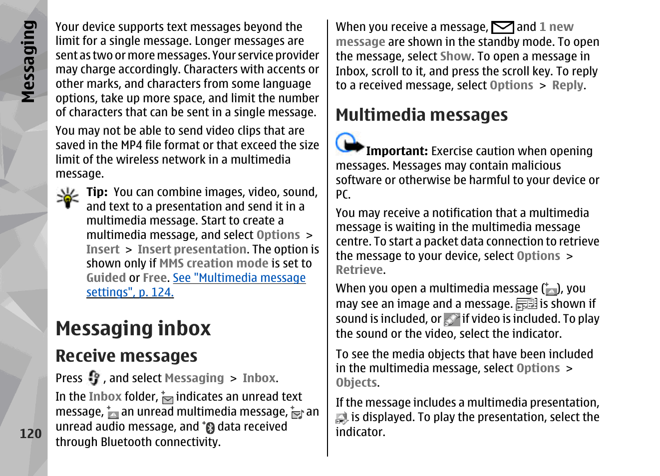 Messaging inbox, Receive messages, Multimedia messages | Messaging | Nokia 002F4W8 User Manual | Page 120 / 195