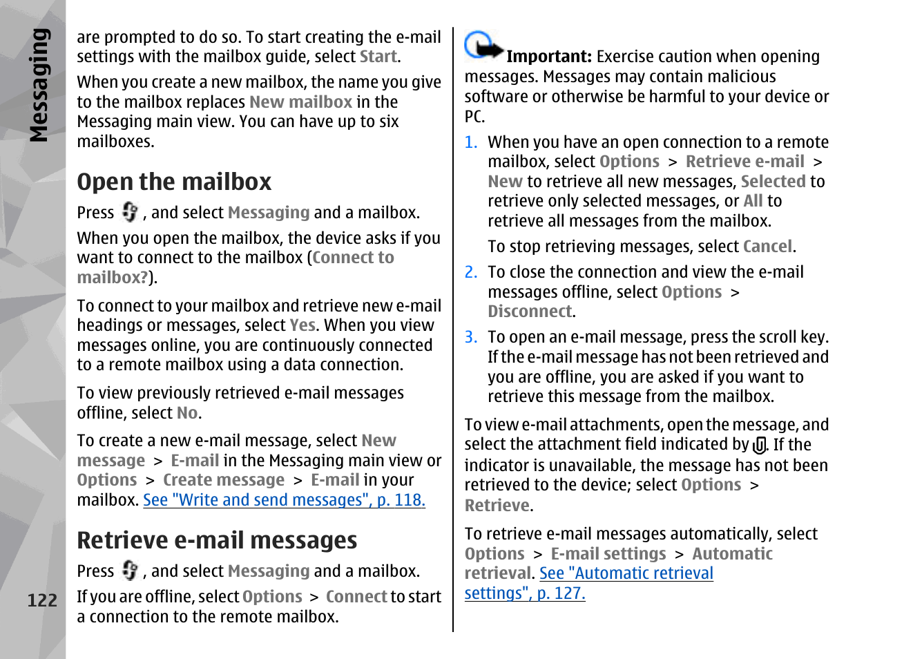 Open the mailbox, Retrieve e-mail messages, Messaging | Nokia 002F4W8 User Manual | Page 122 / 195