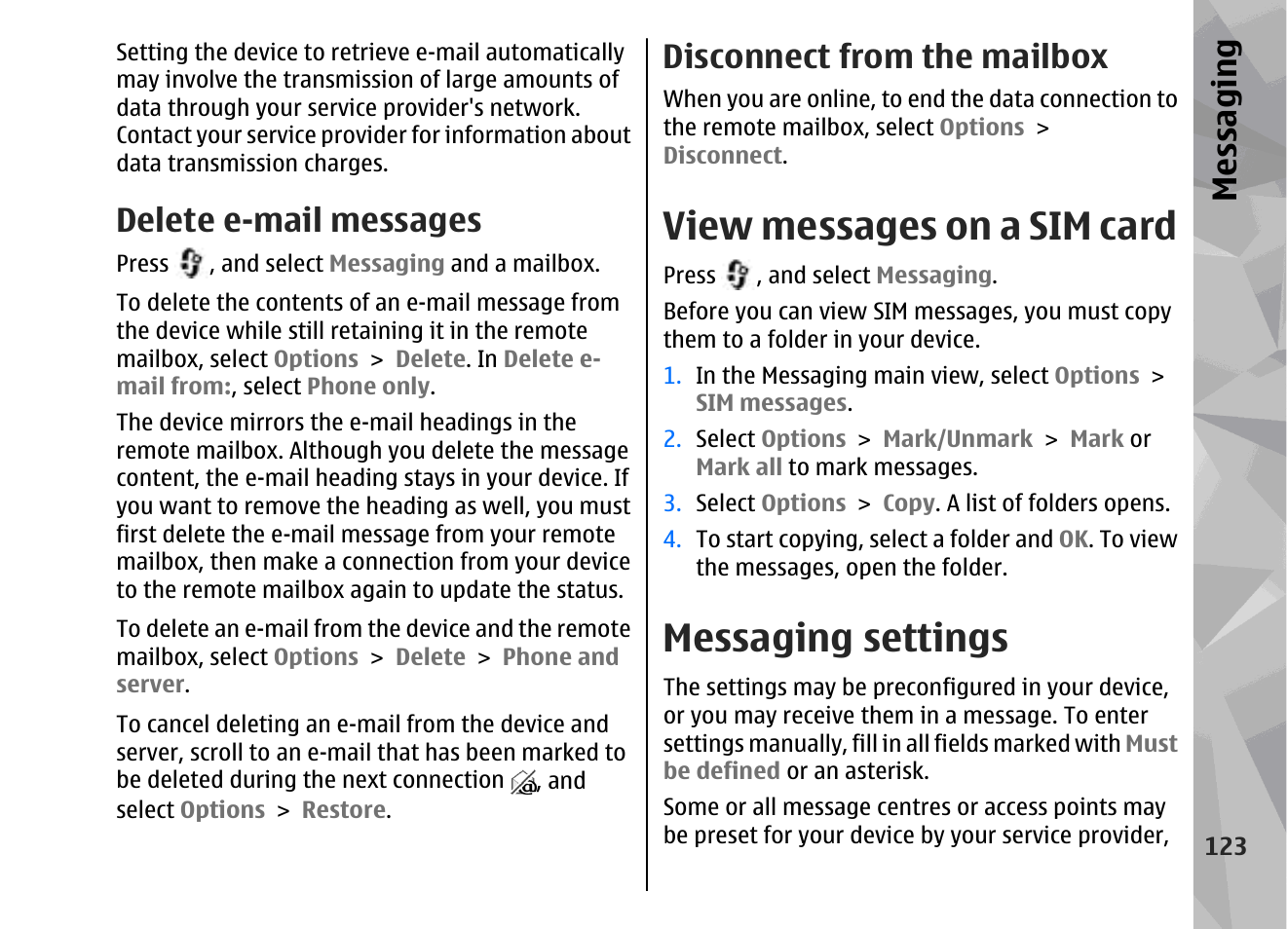 Delete e-mail messages, Disconnect from the mailbox, View messages on a sim card | Messaging settings, Messaging | Nokia 002F4W8 User Manual | Page 123 / 195