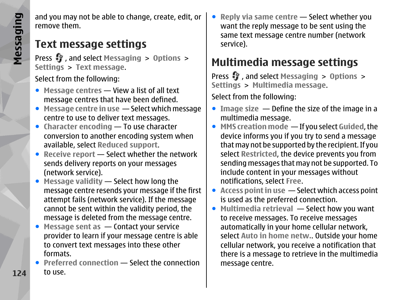 Text message settings, Multimedia message settings, Messaging | Nokia 002F4W8 User Manual | Page 124 / 195