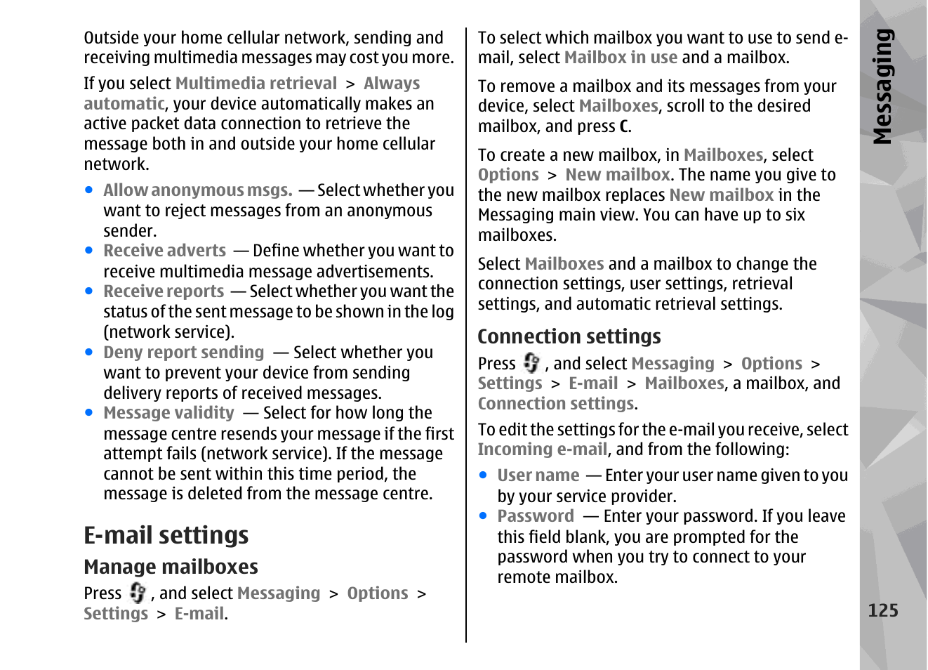 E-mail settings, Manage mailboxes, Connection settings | E-mail settings", p. 125, Messaging | Nokia 002F4W8 User Manual | Page 125 / 195