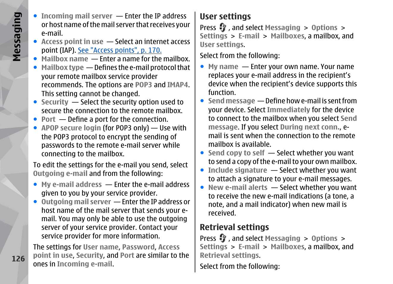 User settings, Retrieval settings, Messaging | Nokia 002F4W8 User Manual | Page 126 / 195