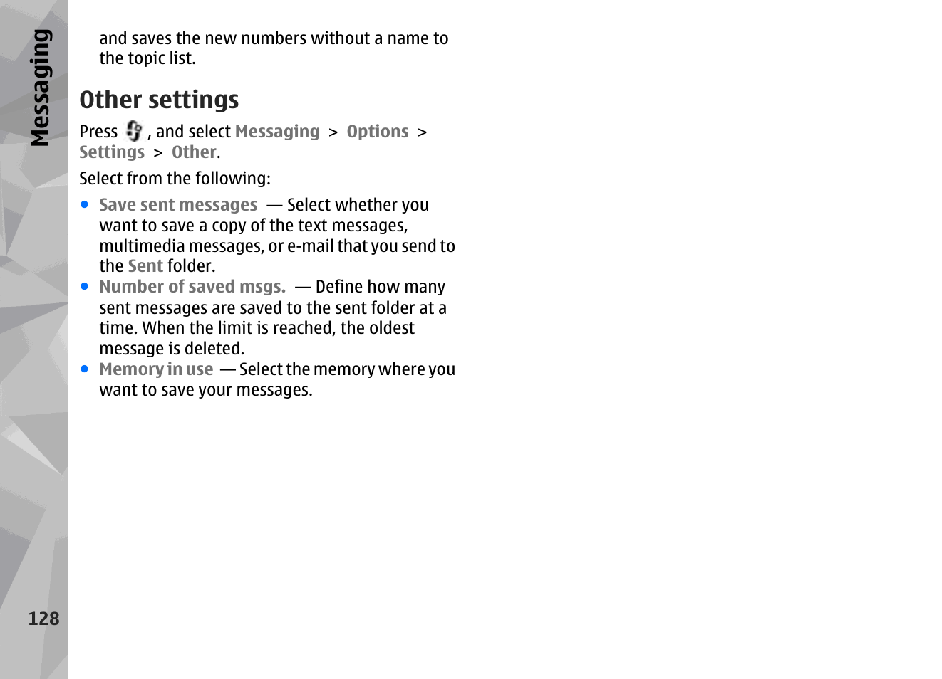 Other settings, Messaging | Nokia 002F4W8 User Manual | Page 128 / 195