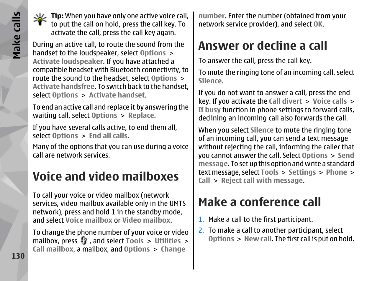 Voice and video mailboxes, Answer or decline a call, Make a conference call | Make call s | Nokia 002F4W8 User Manual | Page 130 / 195
