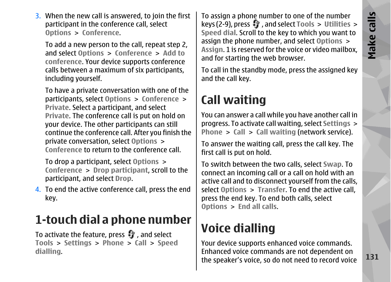 Touch dial a phone number, Call waiting, Voice dialling | Make call s | Nokia 002F4W8 User Manual | Page 131 / 195