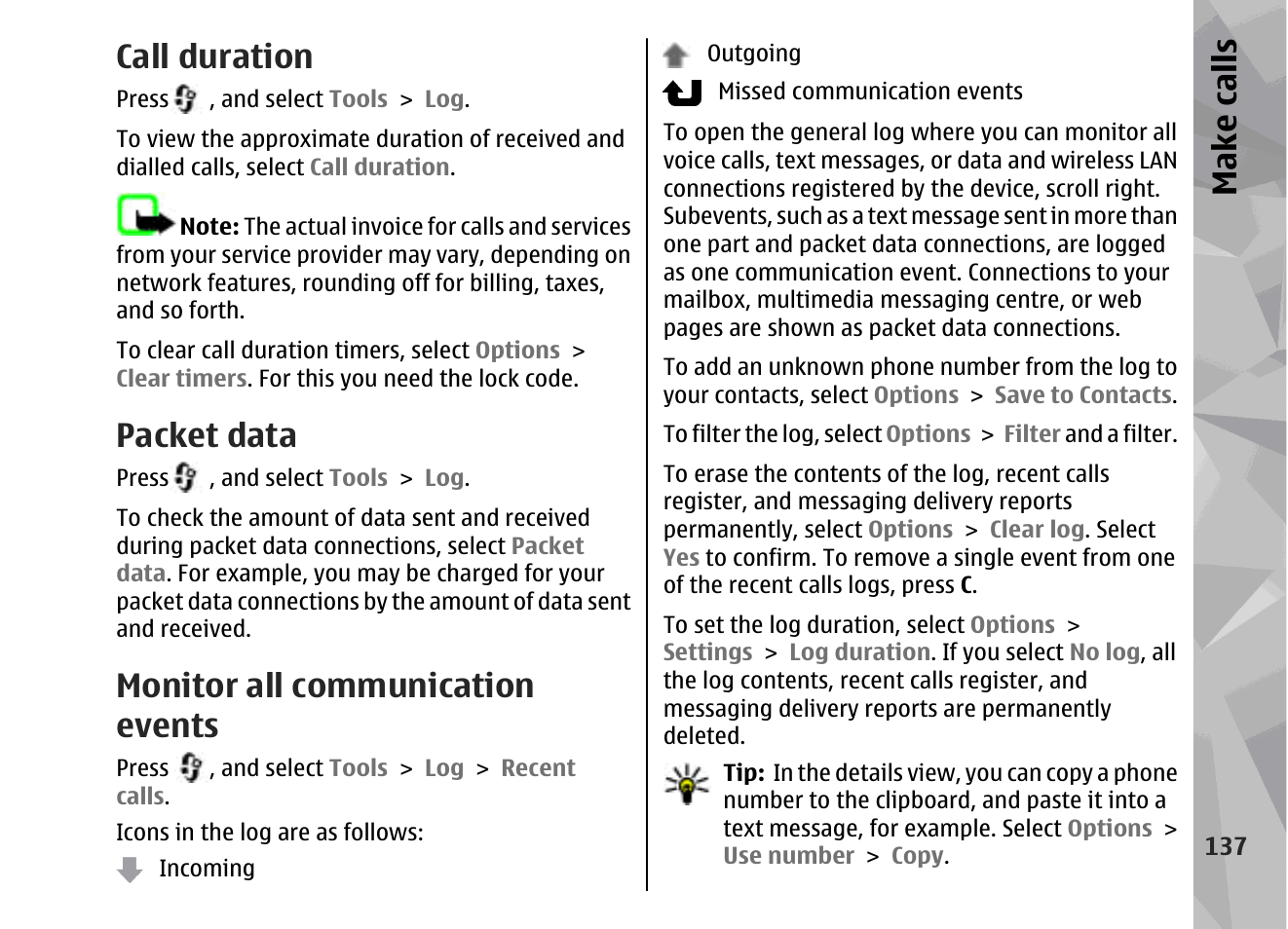 Call duration, Packet data, Monitor all communication events | Make call s | Nokia 002F4W8 User Manual | Page 137 / 195