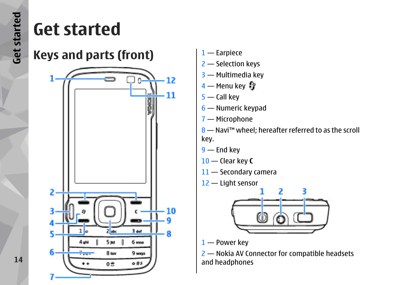 Get started, Keys and parts (front) | Nokia 002F4W8 User Manual | Page 14 / 195