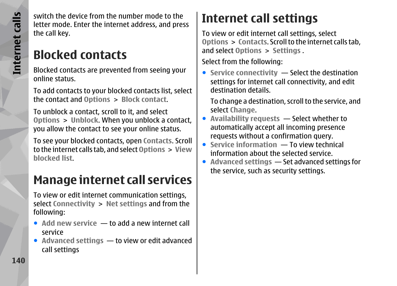 Blocked contacts, Manage internet call services, Internet call settings | Internet calls | Nokia 002F4W8 User Manual | Page 140 / 195