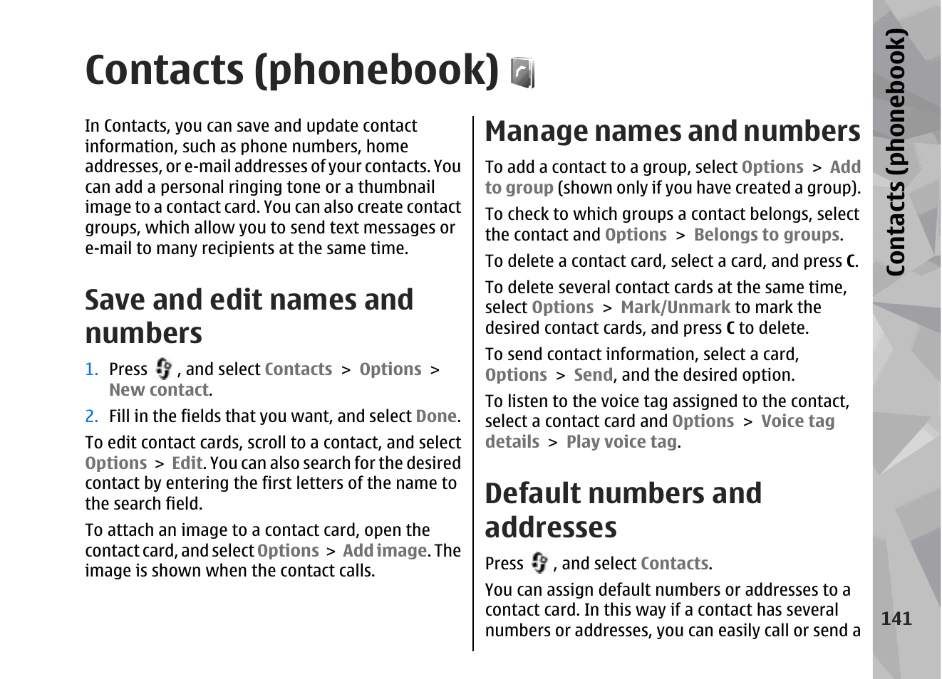 Contacts (phonebook), Save and edit names and numbers, Manage names and numbers | Default numbers and addresses, Contacts (phone boo k) | Nokia 002F4W8 User Manual | Page 141 / 195