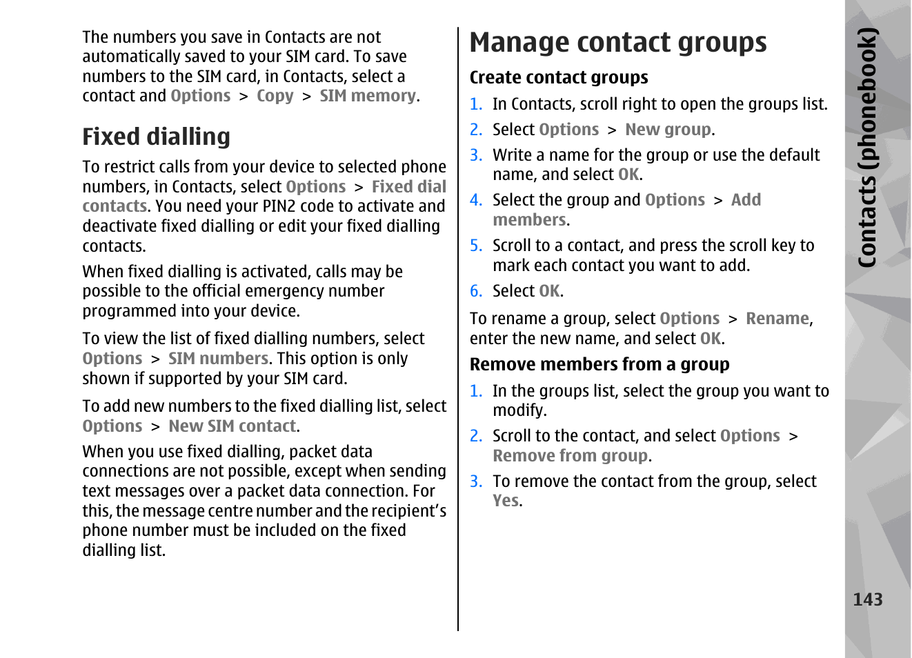 Fixed dialling, Manage contact groups, Contacts (phone boo k) | Nokia 002F4W8 User Manual | Page 143 / 195