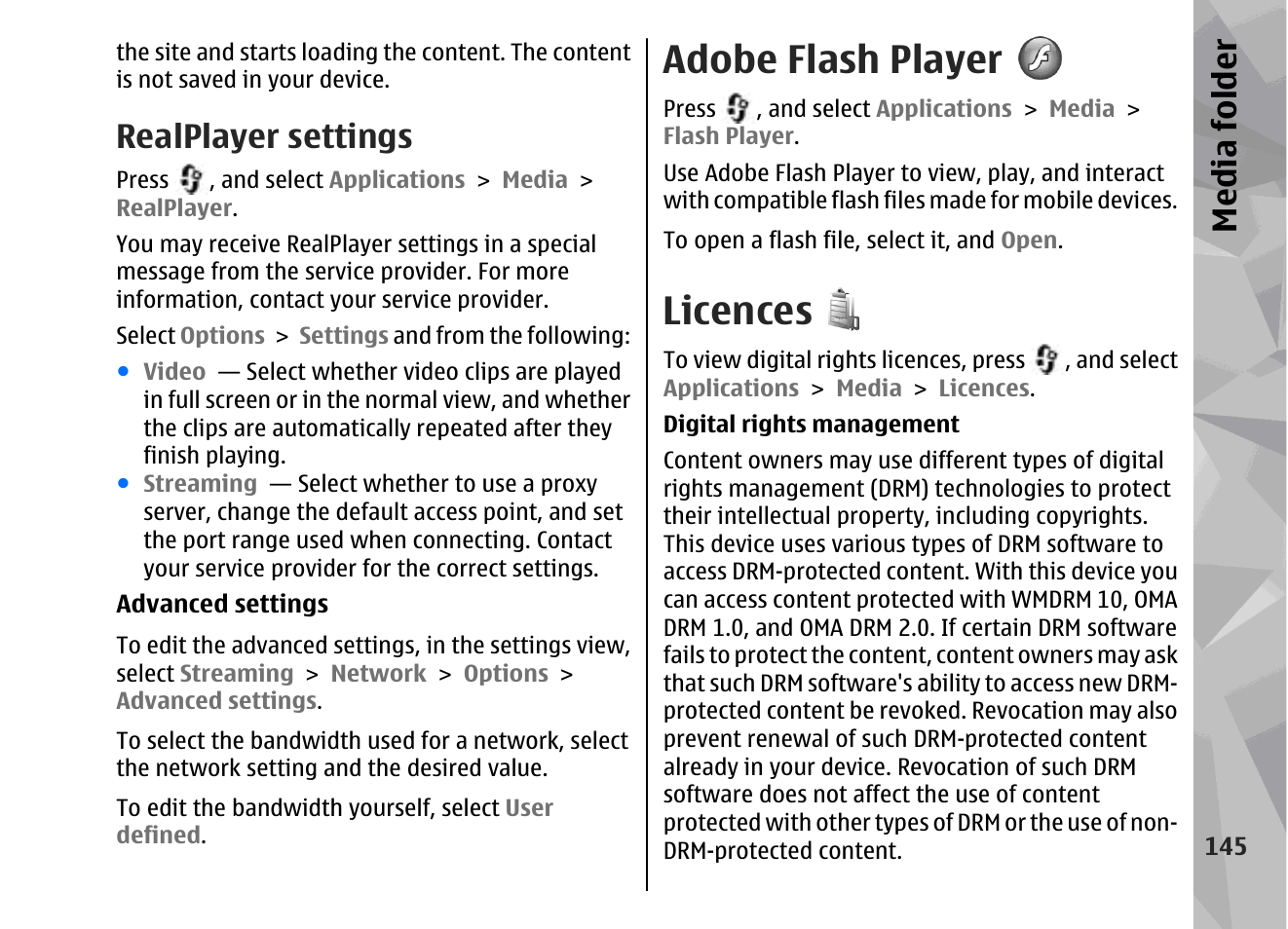 Realplayer settings, Adobe flash player, Licences | See "licences", p. 145, Media fol der | Nokia 002F4W8 User Manual | Page 145 / 195
