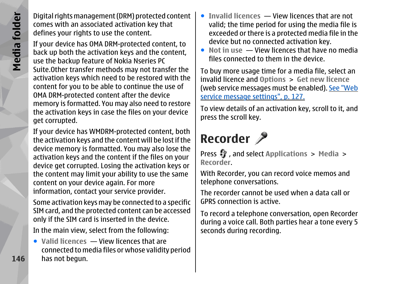 Recorder, Media fol der | Nokia 002F4W8 User Manual | Page 146 / 195