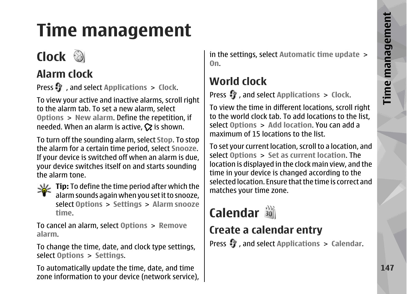 Time management, Clock, Alarm clock | World clock, Calendar, Create a calendar entry, Ti me ma nag eme nt | Nokia 002F4W8 User Manual | Page 147 / 195