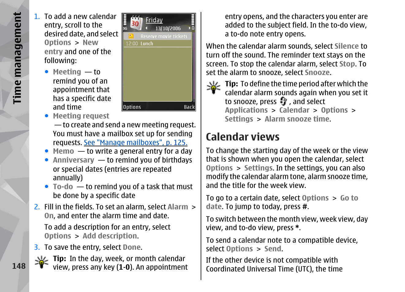 Calendar views, Ti me ma nag eme nt | Nokia 002F4W8 User Manual | Page 148 / 195