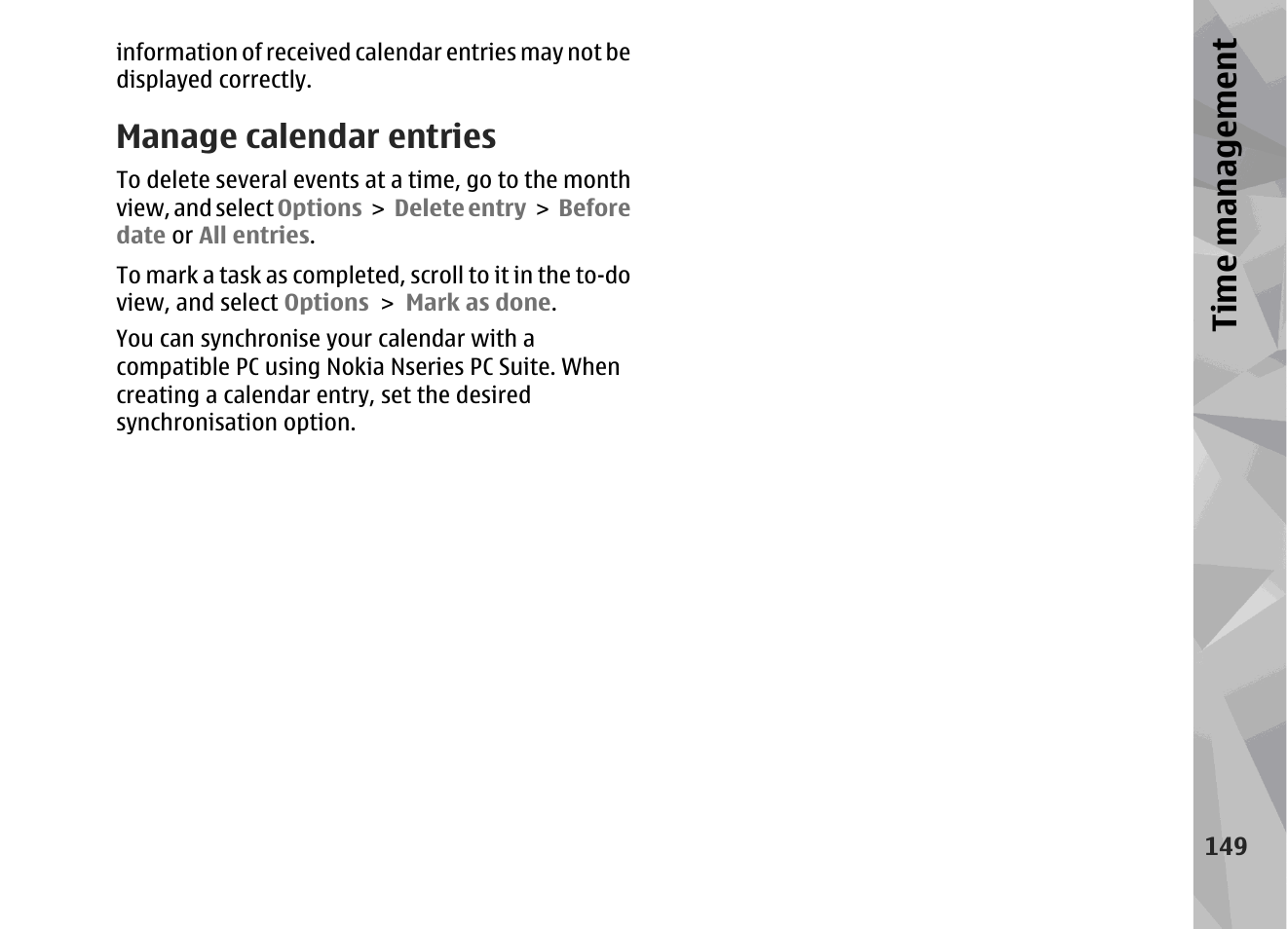 Manage calendar entries, Ti me ma nag eme nt | Nokia 002F4W8 User Manual | Page 149 / 195