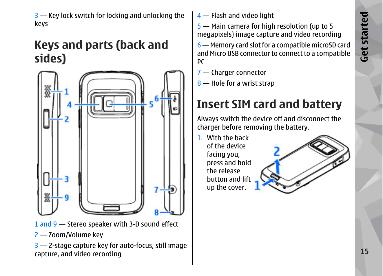 Keys and parts (back and sides), Insert sim card and battery, Get started | Nokia 002F4W8 User Manual | Page 15 / 195