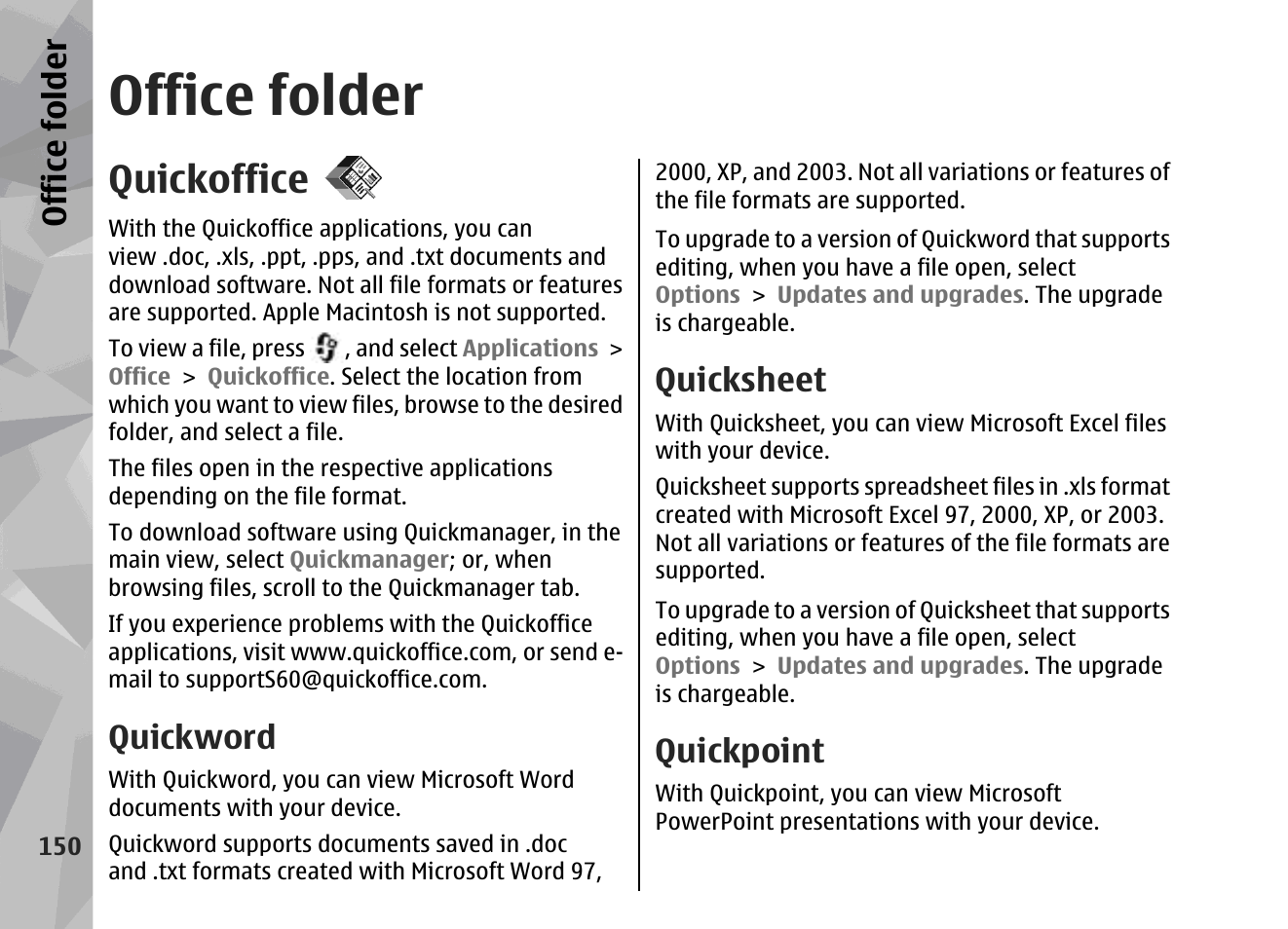 Office folder, Quickoffice, Quickword | Quicksheet, Quickpoint | Nokia 002F4W8 User Manual | Page 150 / 195