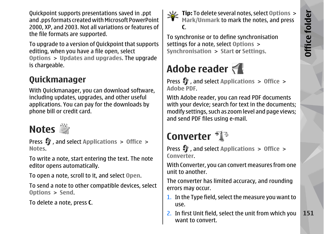 Quickmanager, Notes, Adobe reader | Converter, Office folder | Nokia 002F4W8 User Manual | Page 151 / 195