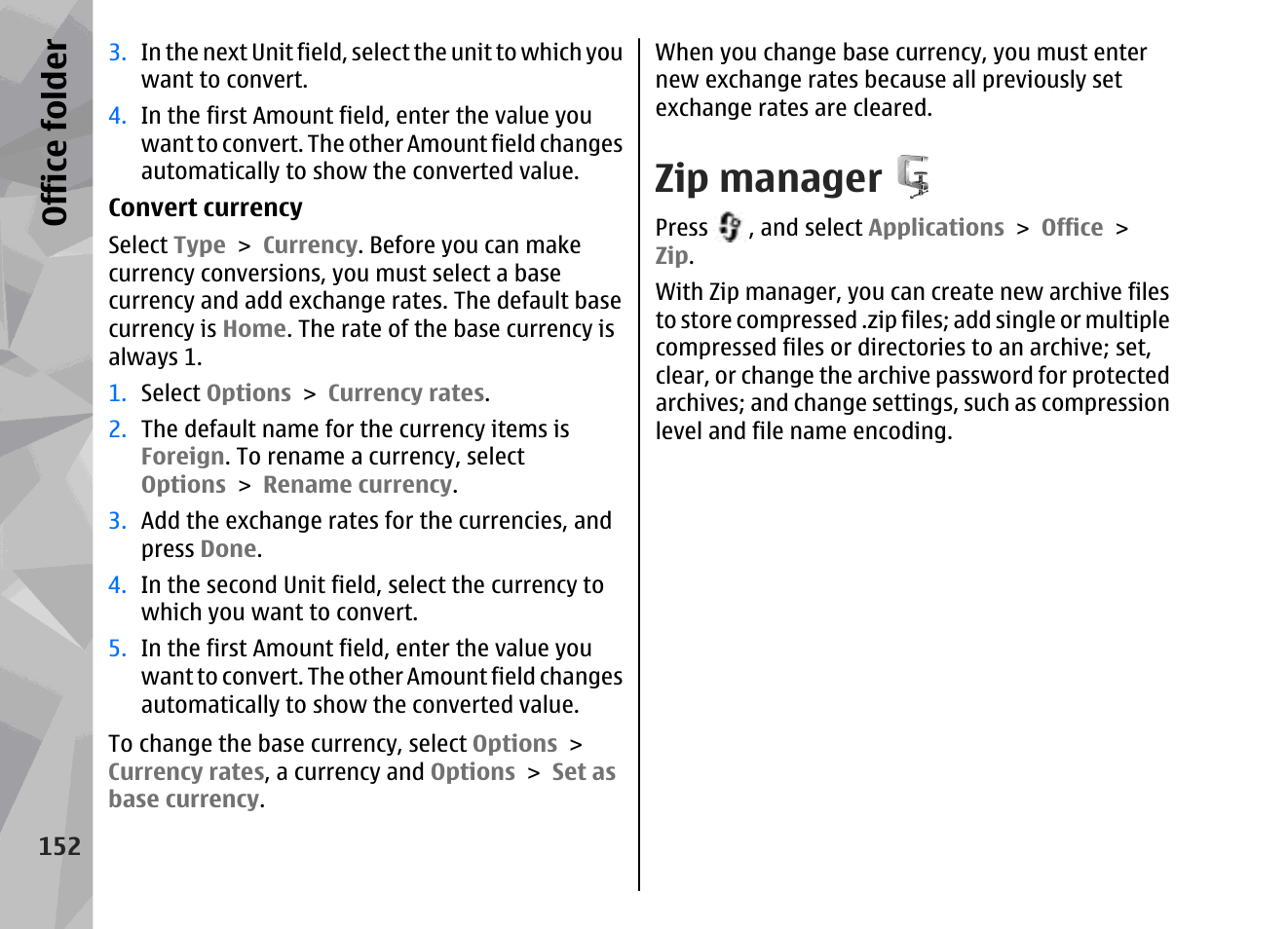 Zip manager, Office folder | Nokia 002F4W8 User Manual | Page 152 / 195