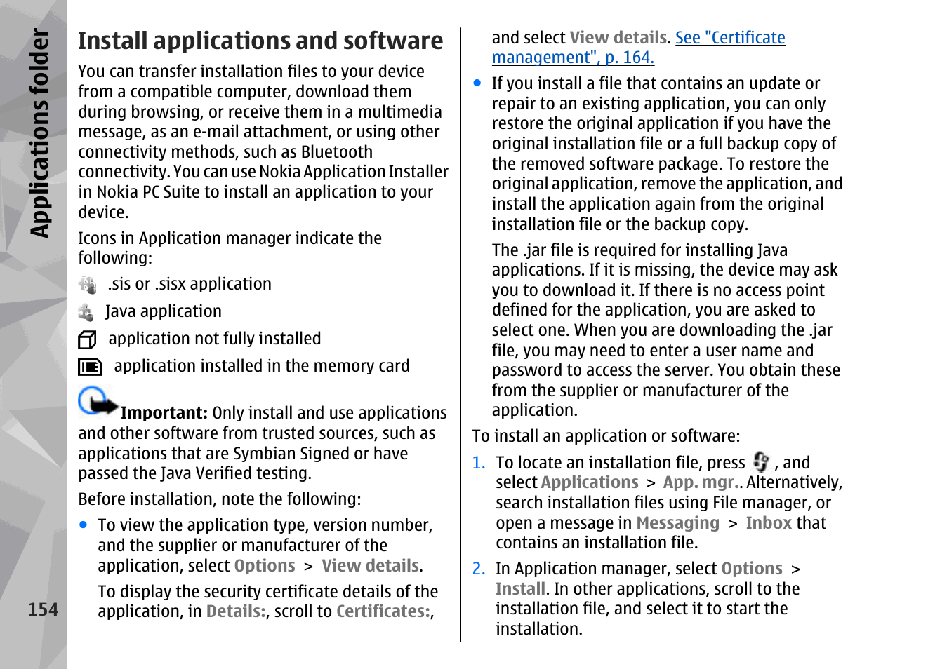 Install applications and software, Appl icati ons fol der | Nokia 002F4W8 User Manual | Page 154 / 195