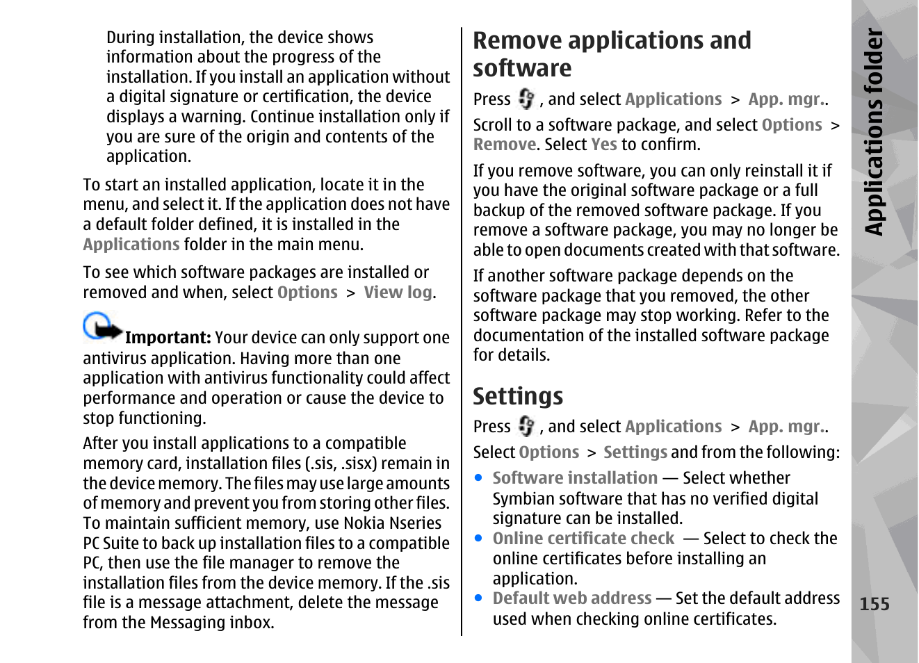 Remove applications and software, Settings, Appl icati ons fol der | Nokia 002F4W8 User Manual | Page 155 / 195
