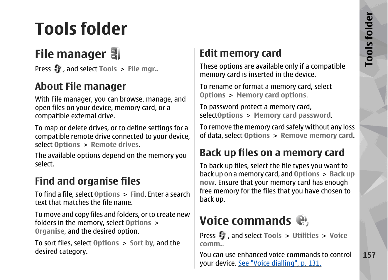 Tools folder, File manager, About file manager | Find and organise files, Edit memory card, Back up files on a memory card, Voice commands | Nokia 002F4W8 User Manual | Page 157 / 195