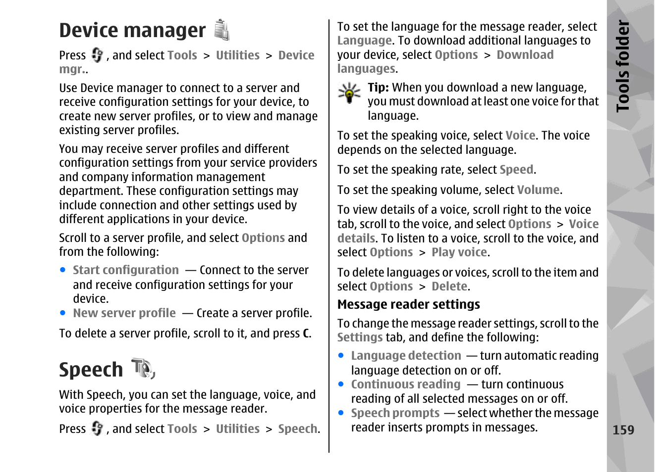 Device manager, Speech, Speech ", p. 159 | Nokia 002F4W8 User Manual | Page 159 / 195