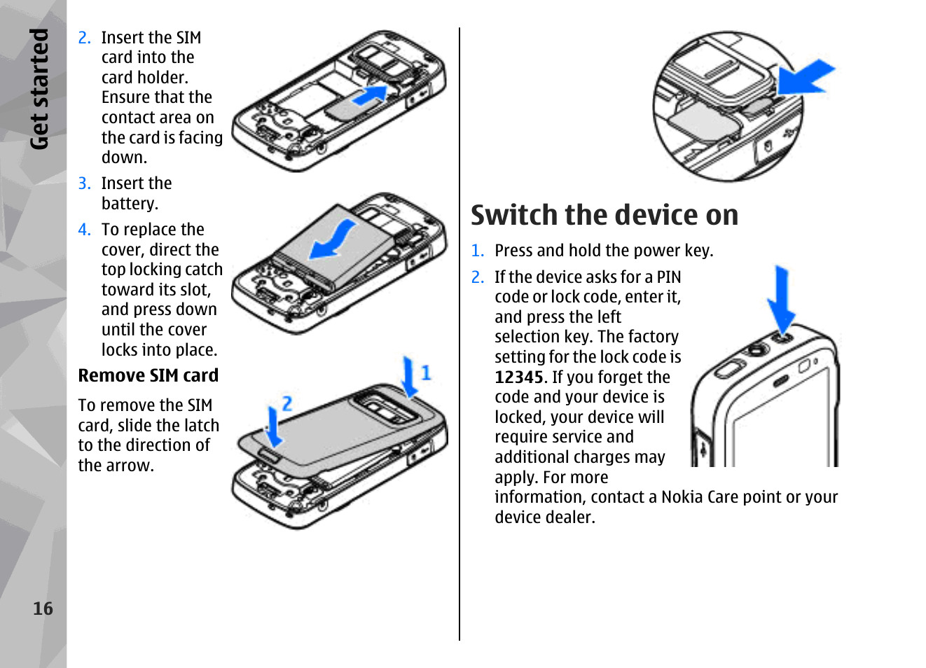 Switch the device on, Get started | Nokia 002F4W8 User Manual | Page 16 / 195