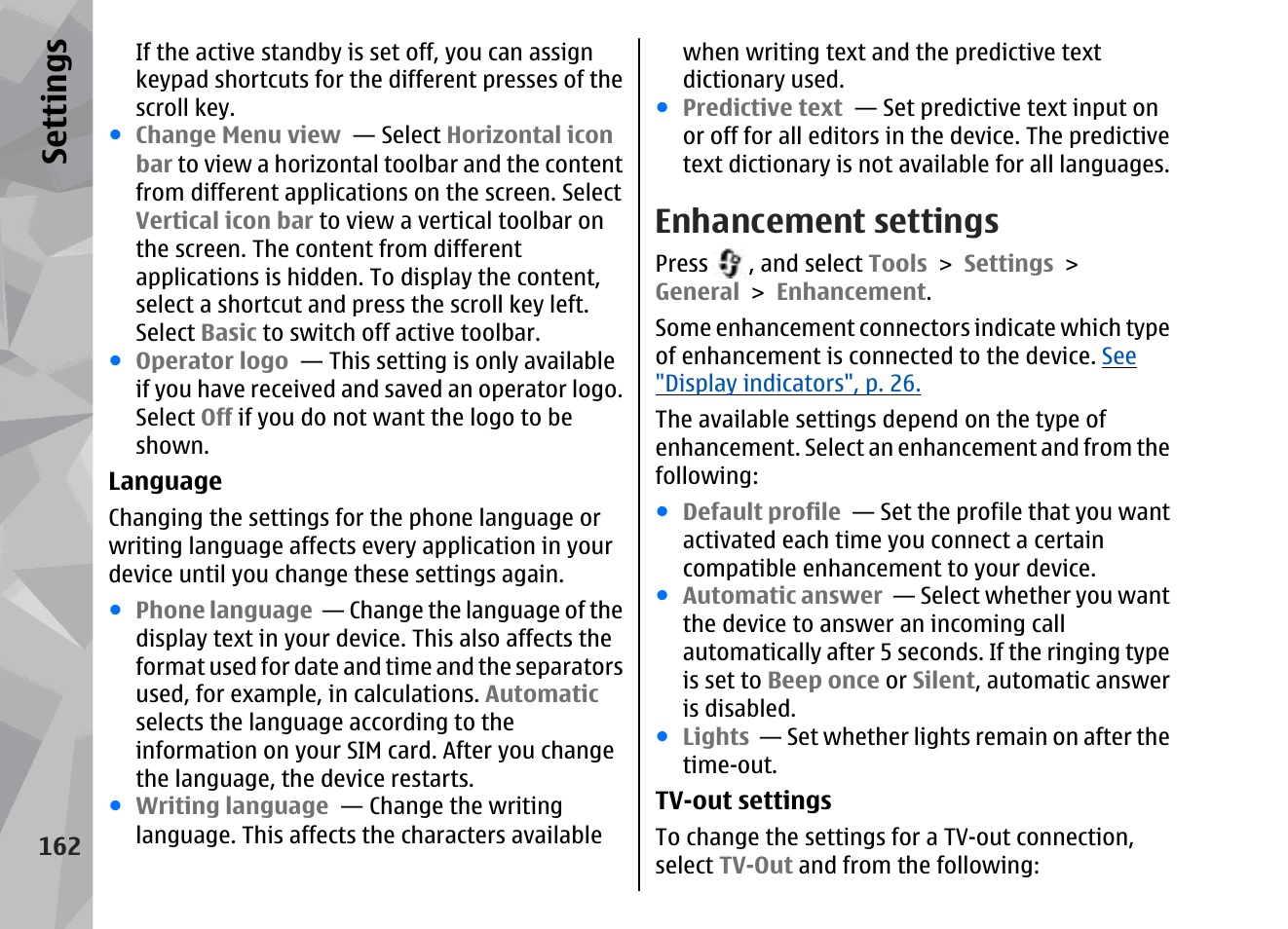 Enhancement settings, Enhancement settings", p. 162, Se ttings | Nokia 002F4W8 User Manual | Page 162 / 195
