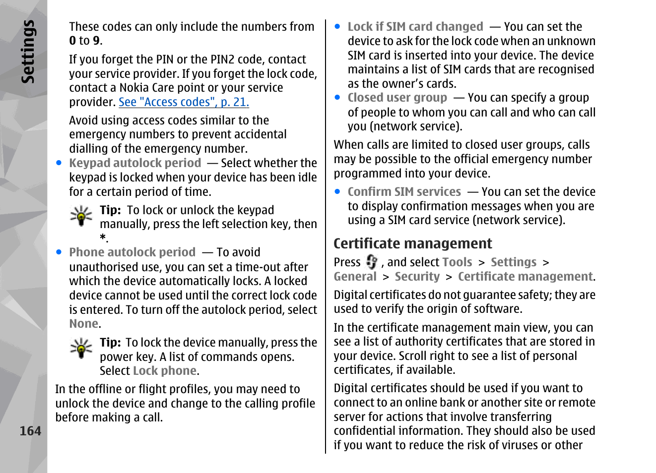 Certificate management, Se ttings | Nokia 002F4W8 User Manual | Page 164 / 195