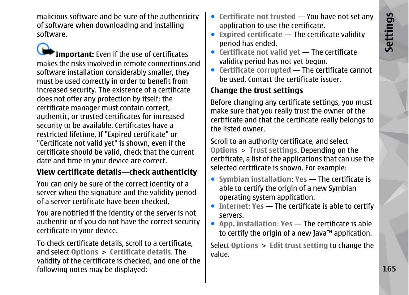 Se ttings | Nokia 002F4W8 User Manual | Page 165 / 195