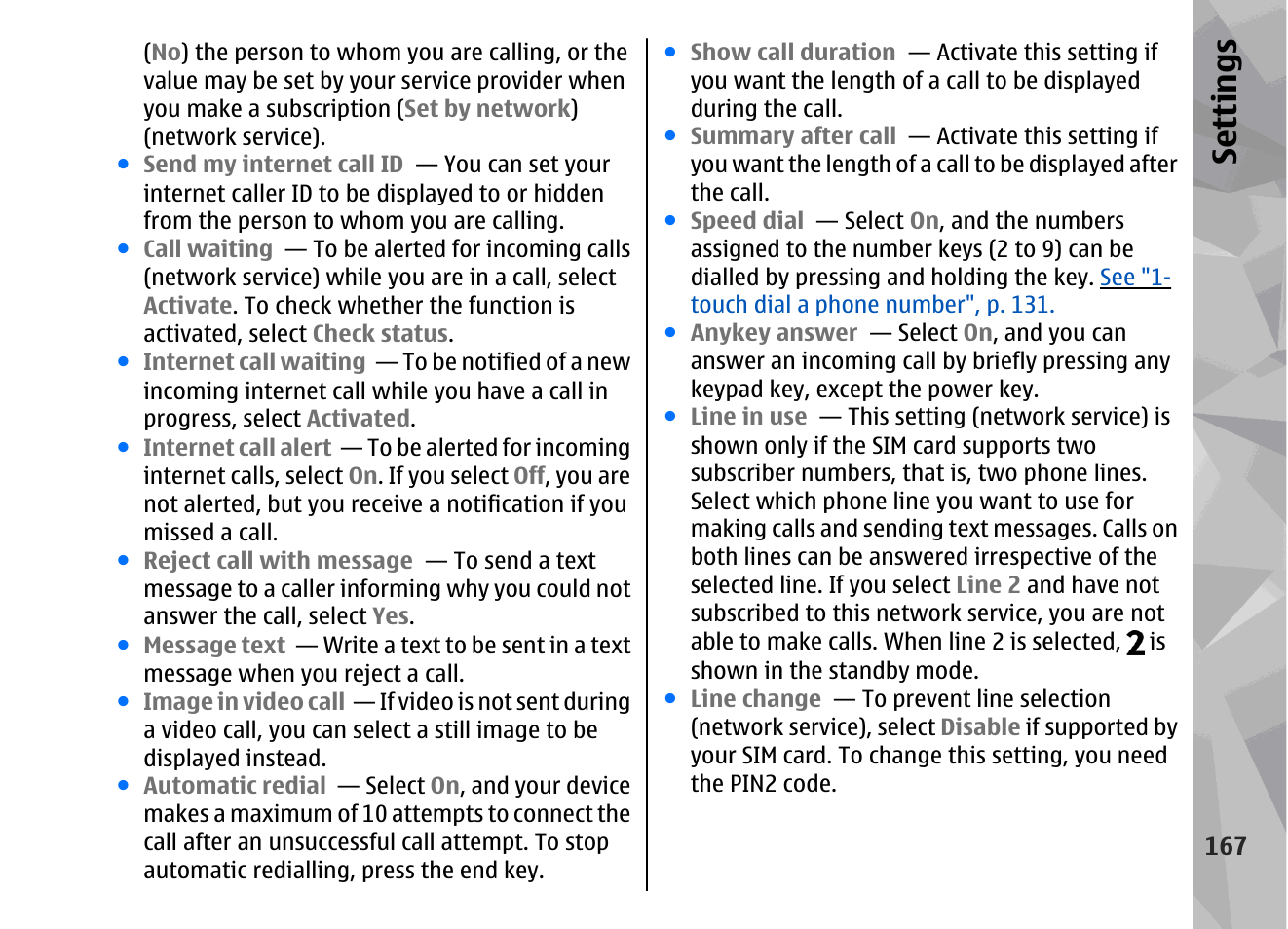 Se ttings | Nokia 002F4W8 User Manual | Page 167 / 195