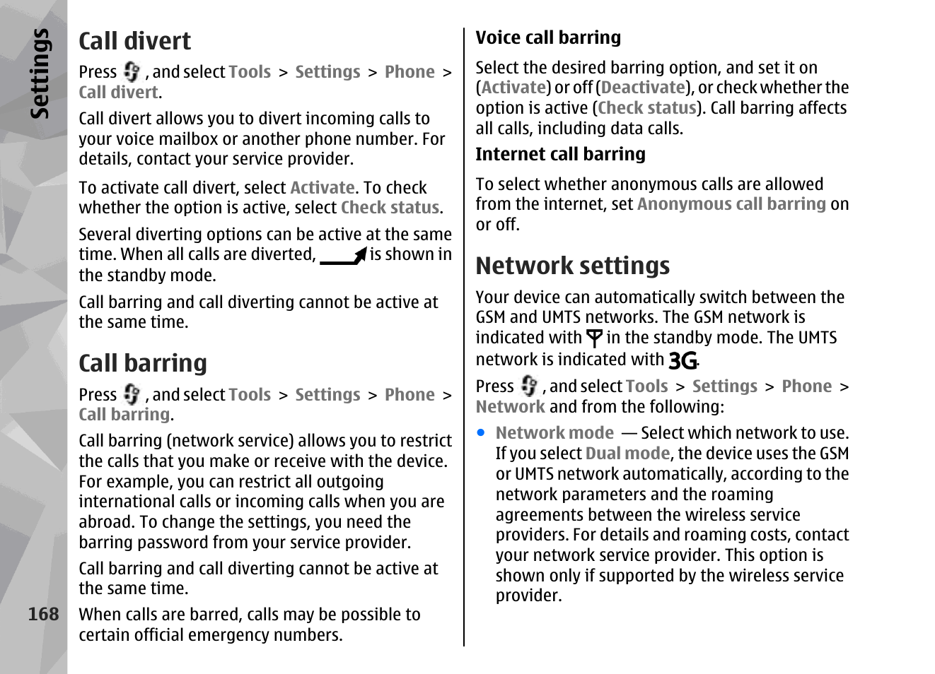 Call divert, Call barring, Network settings | Se ttings | Nokia 002F4W8 User Manual | Page 168 / 195