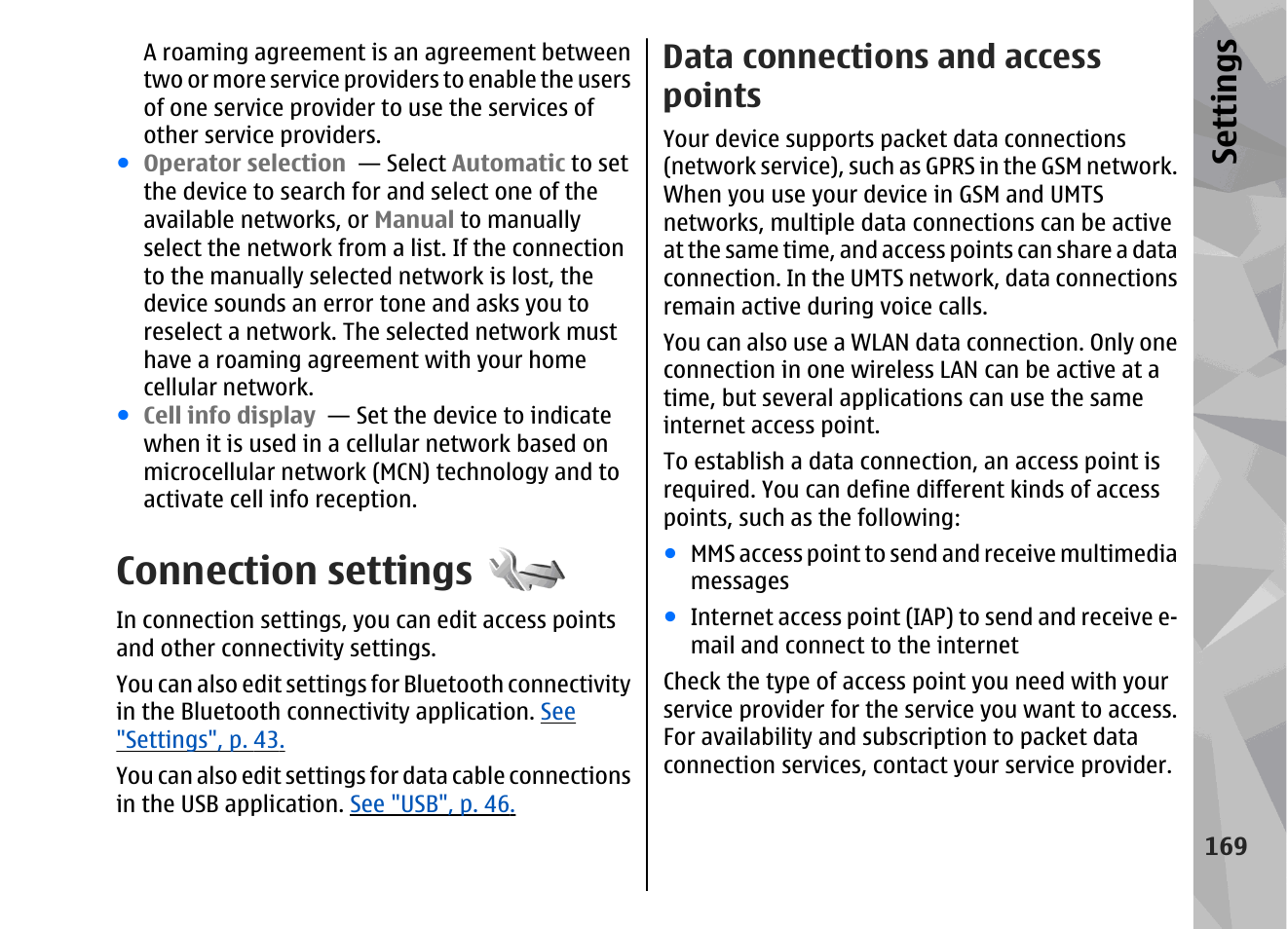 Connection settings, Data connections and access points, See "connection settings", p. 169 | This st, Se ttings | Nokia 002F4W8 User Manual | Page 169 / 195