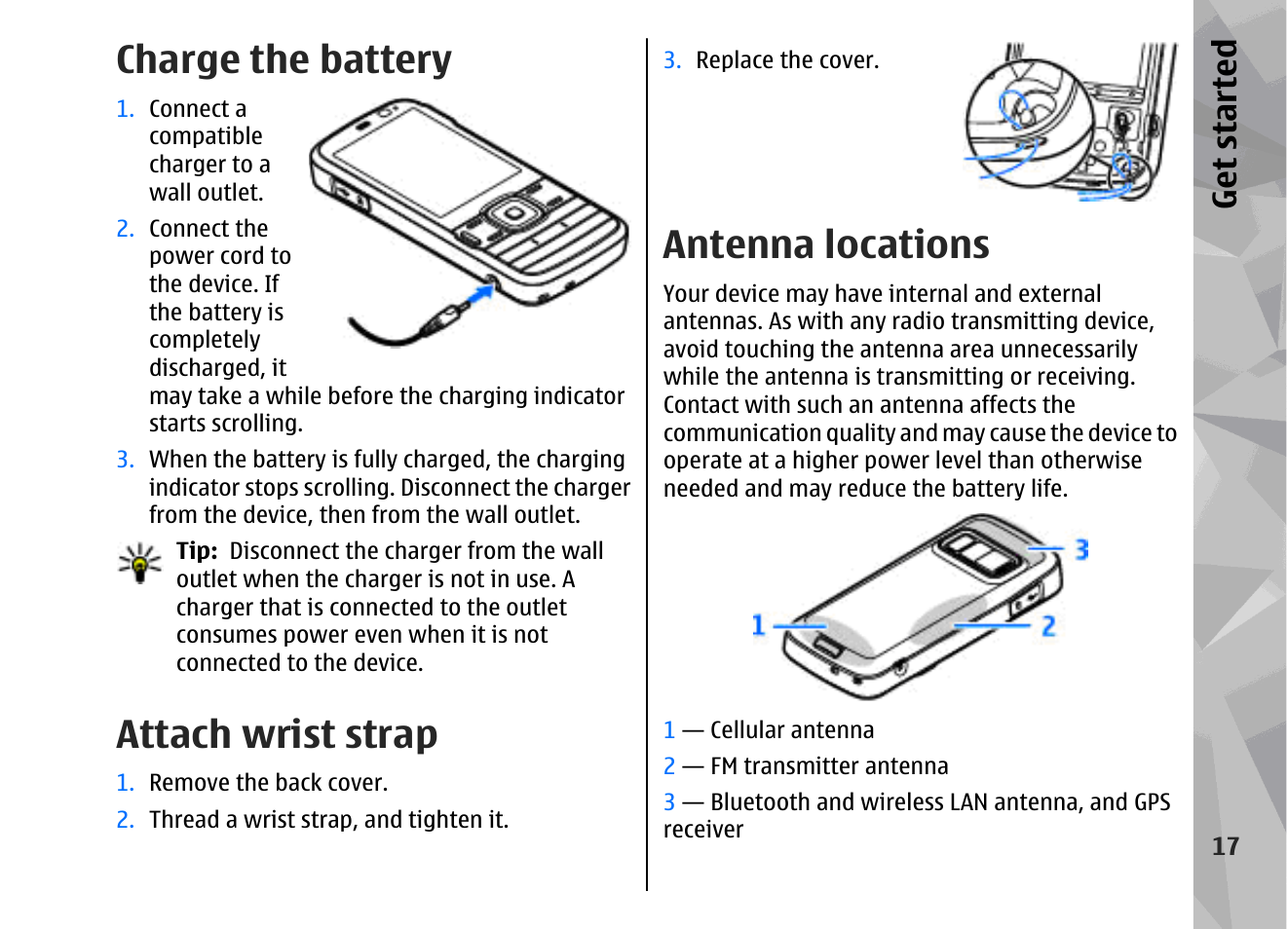 Charge the battery, Attach wrist strap, Antenna locations | Get started | Nokia 002F4W8 User Manual | Page 17 / 195