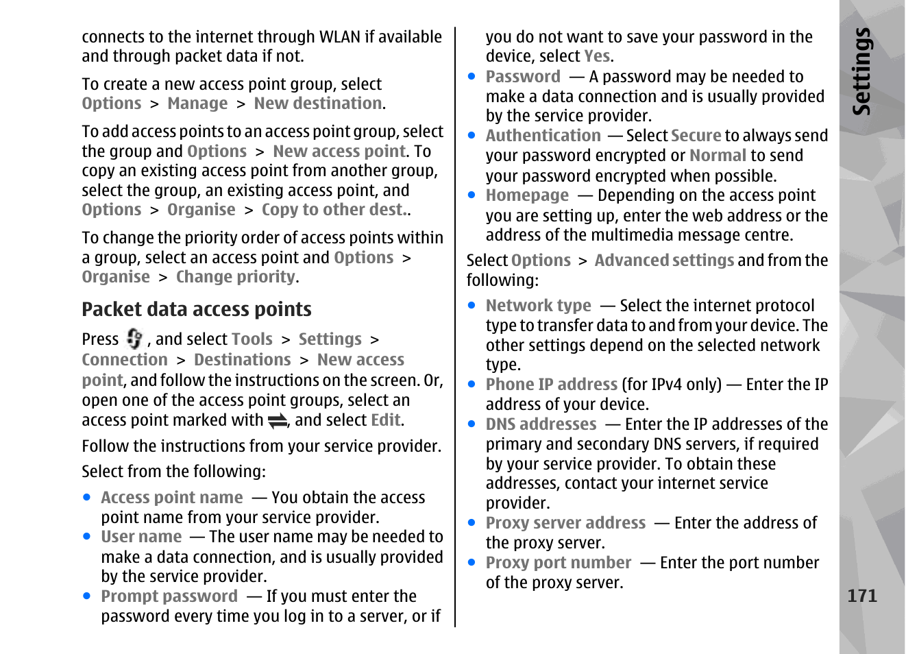 Packet data access points, Se ttings | Nokia 002F4W8 User Manual | Page 171 / 195