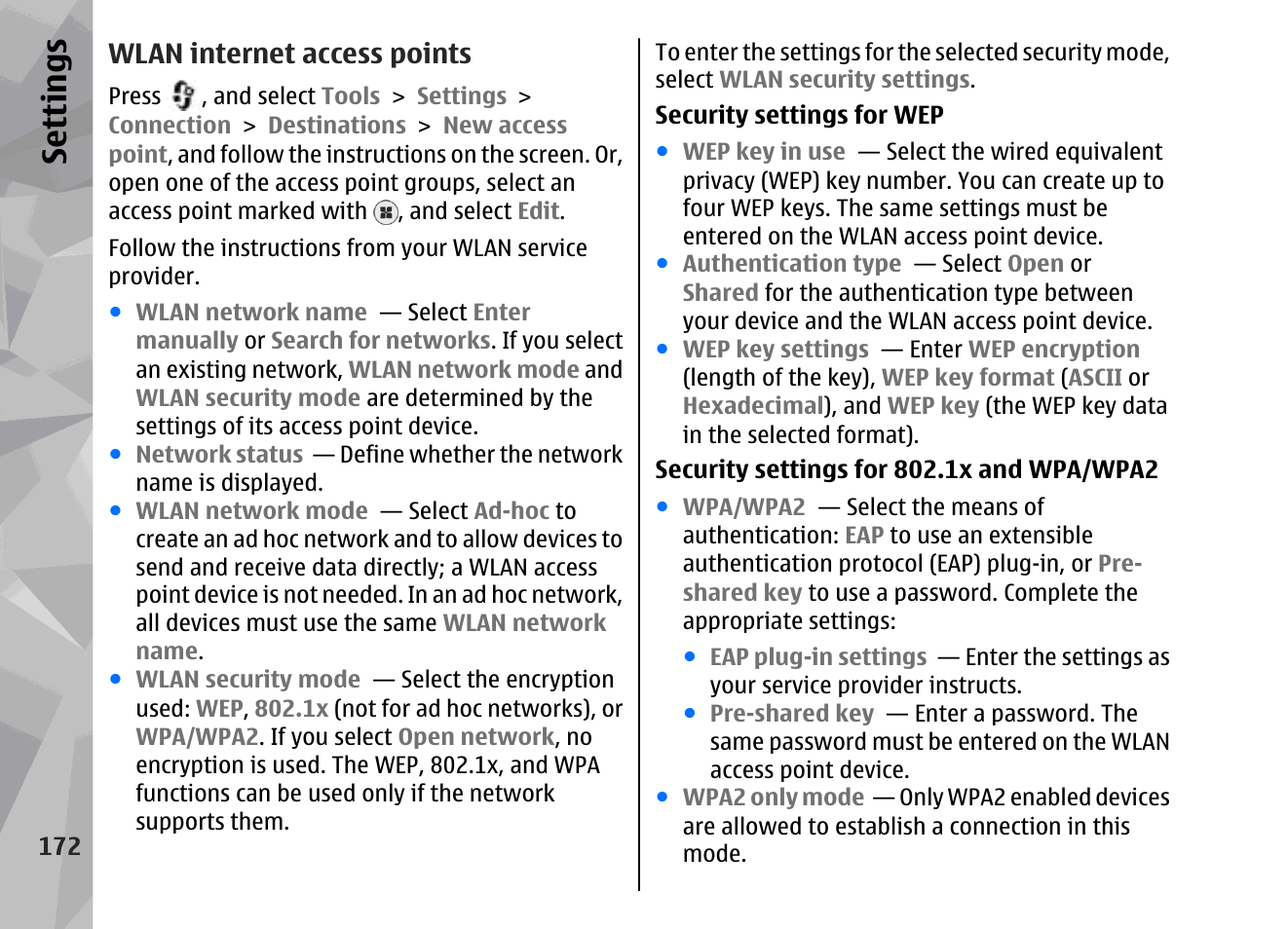 Wlan internet access points, Se ttings | Nokia 002F4W8 User Manual | Page 172 / 195