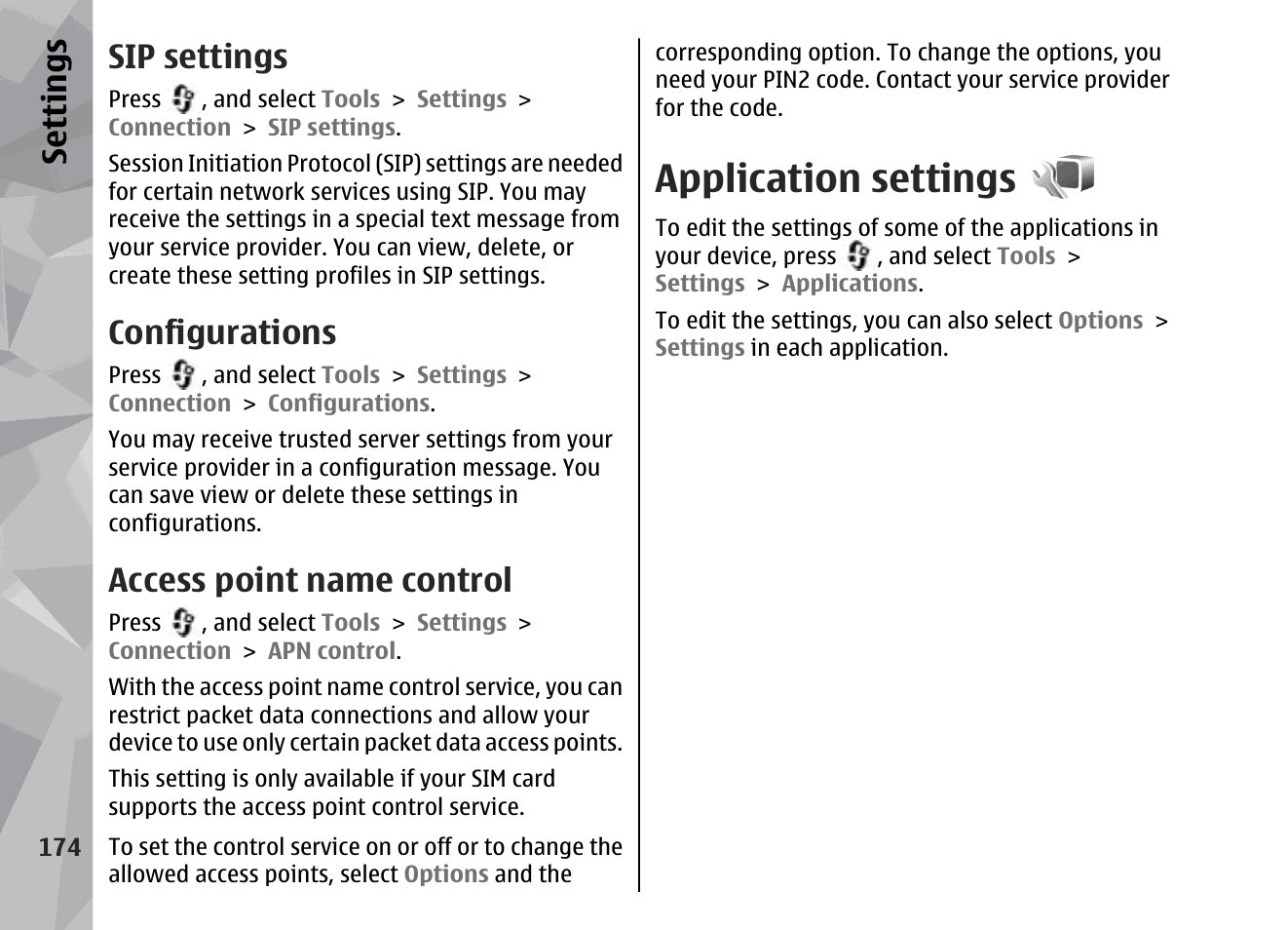 Sip settings, Configurations, Access point name control | Application settings, Se ttings | Nokia 002F4W8 User Manual | Page 174 / 195