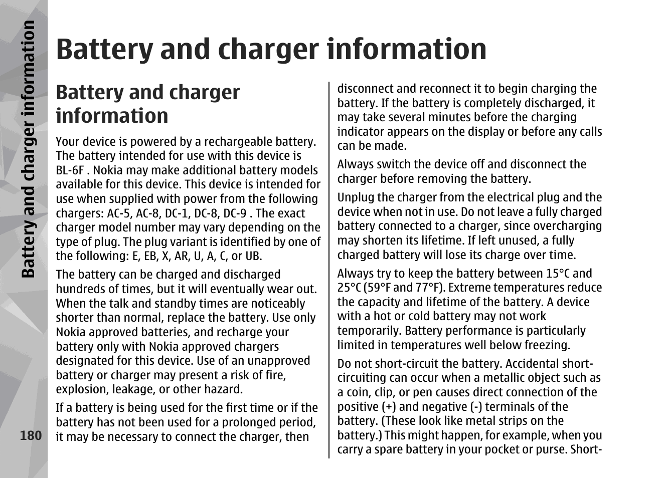 Battery and charger information | Nokia 002F4W8 User Manual | Page 180 / 195