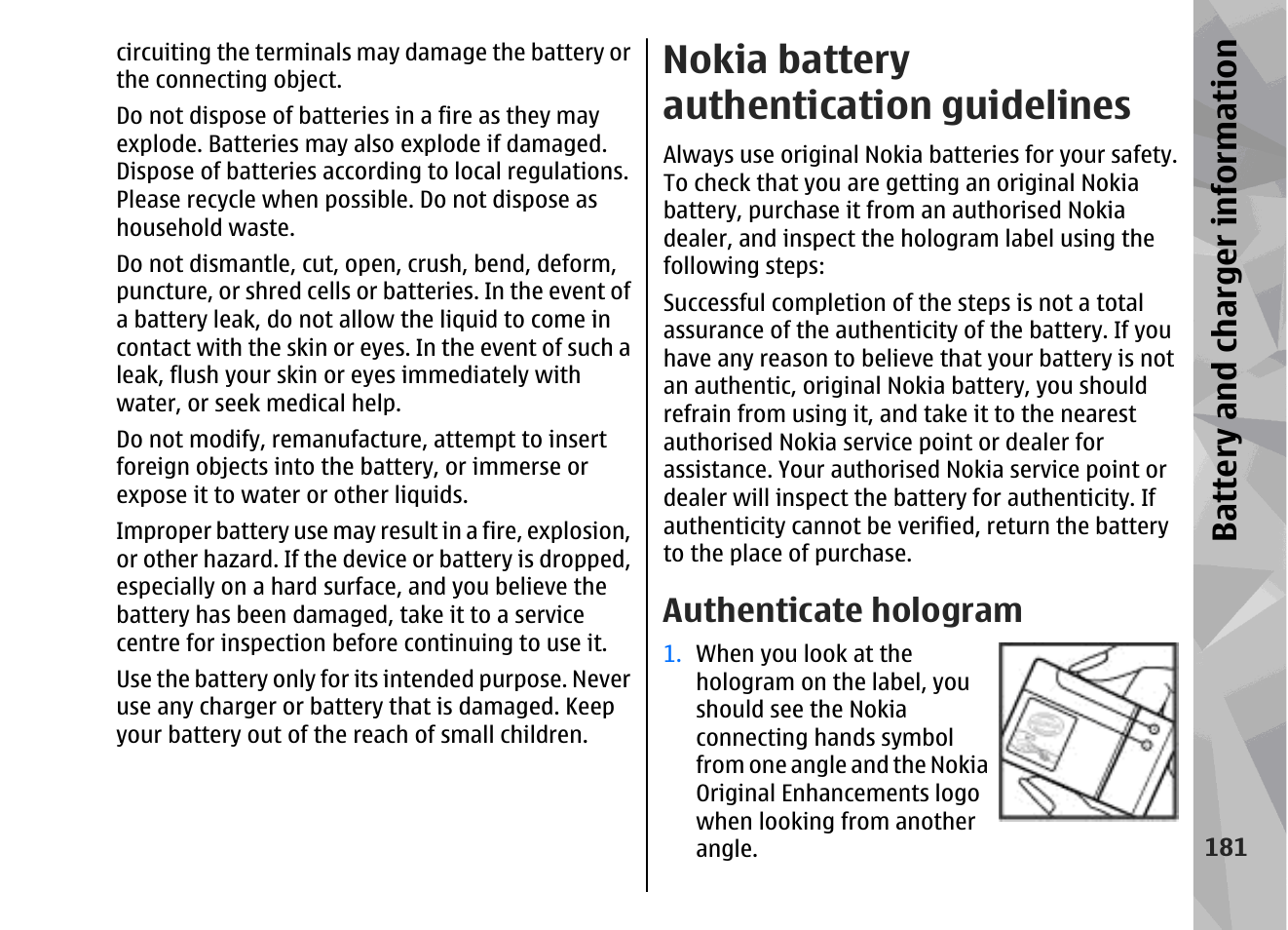 Nokia battery authentication guidelines, Authenticate hologram, Battery and charger information | Nokia 002F4W8 User Manual | Page 181 / 195