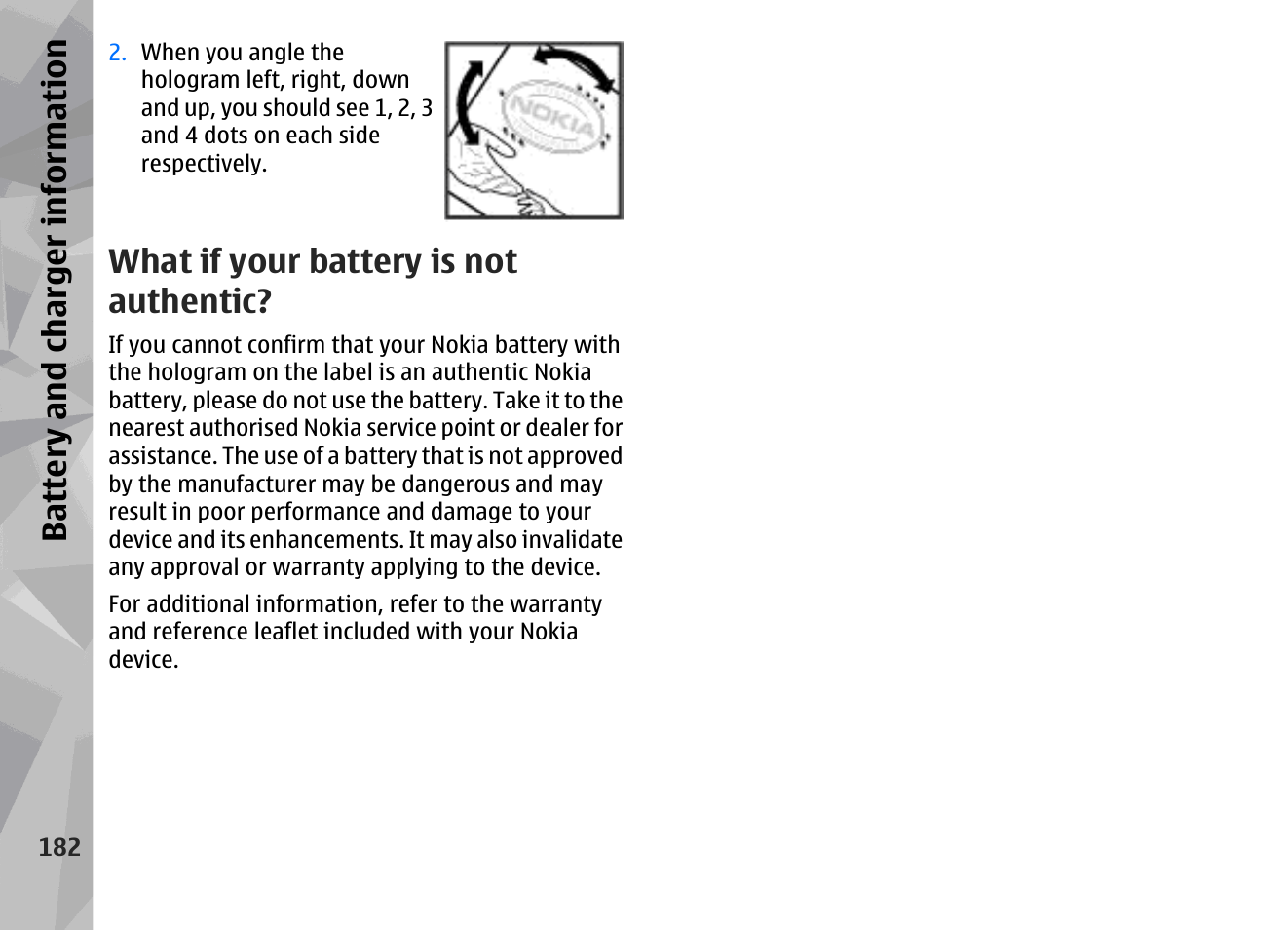 What if your battery is not authentic, Battery and charger information | Nokia 002F4W8 User Manual | Page 182 / 195