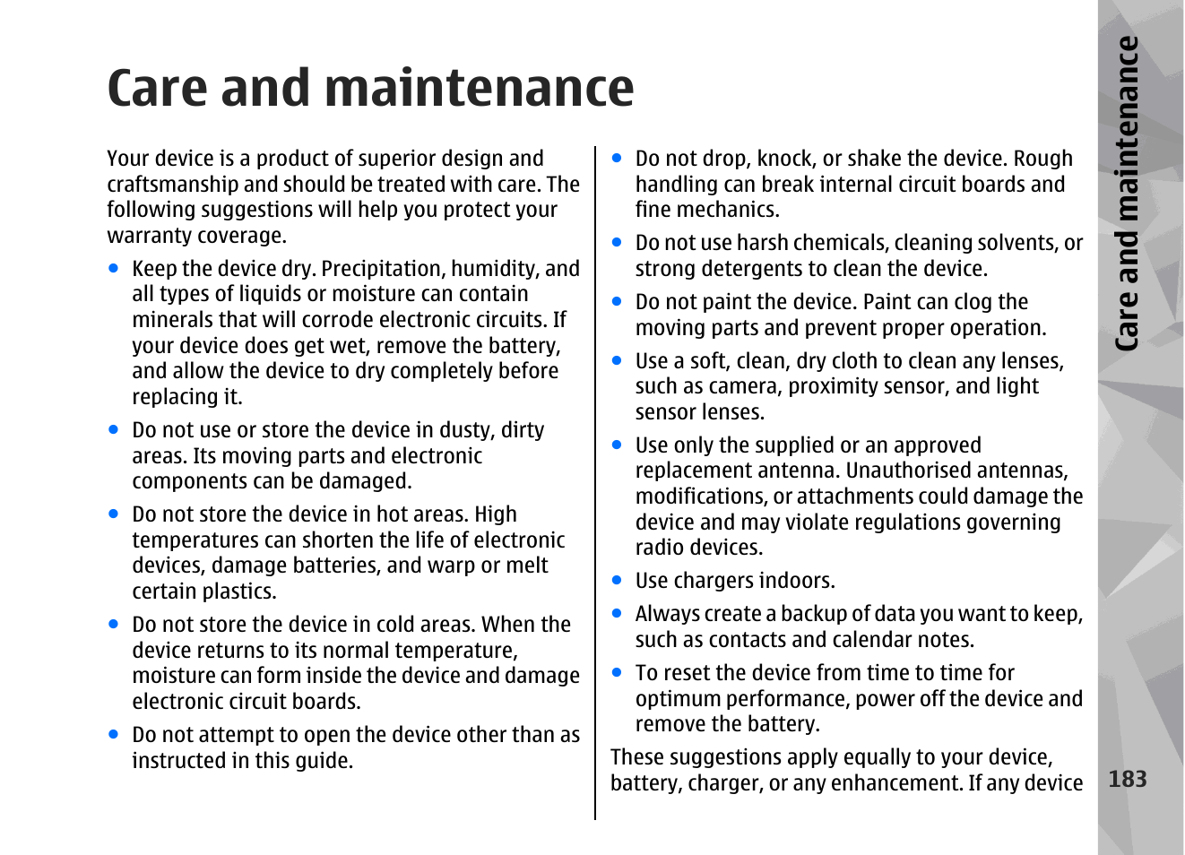 Care and maintenance, Ca re a nd ma intena nce | Nokia 002F4W8 User Manual | Page 183 / 195